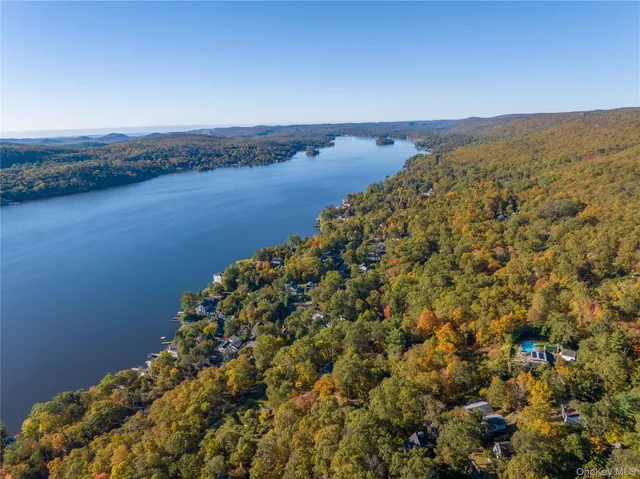 a view of a lake and mountain in the back