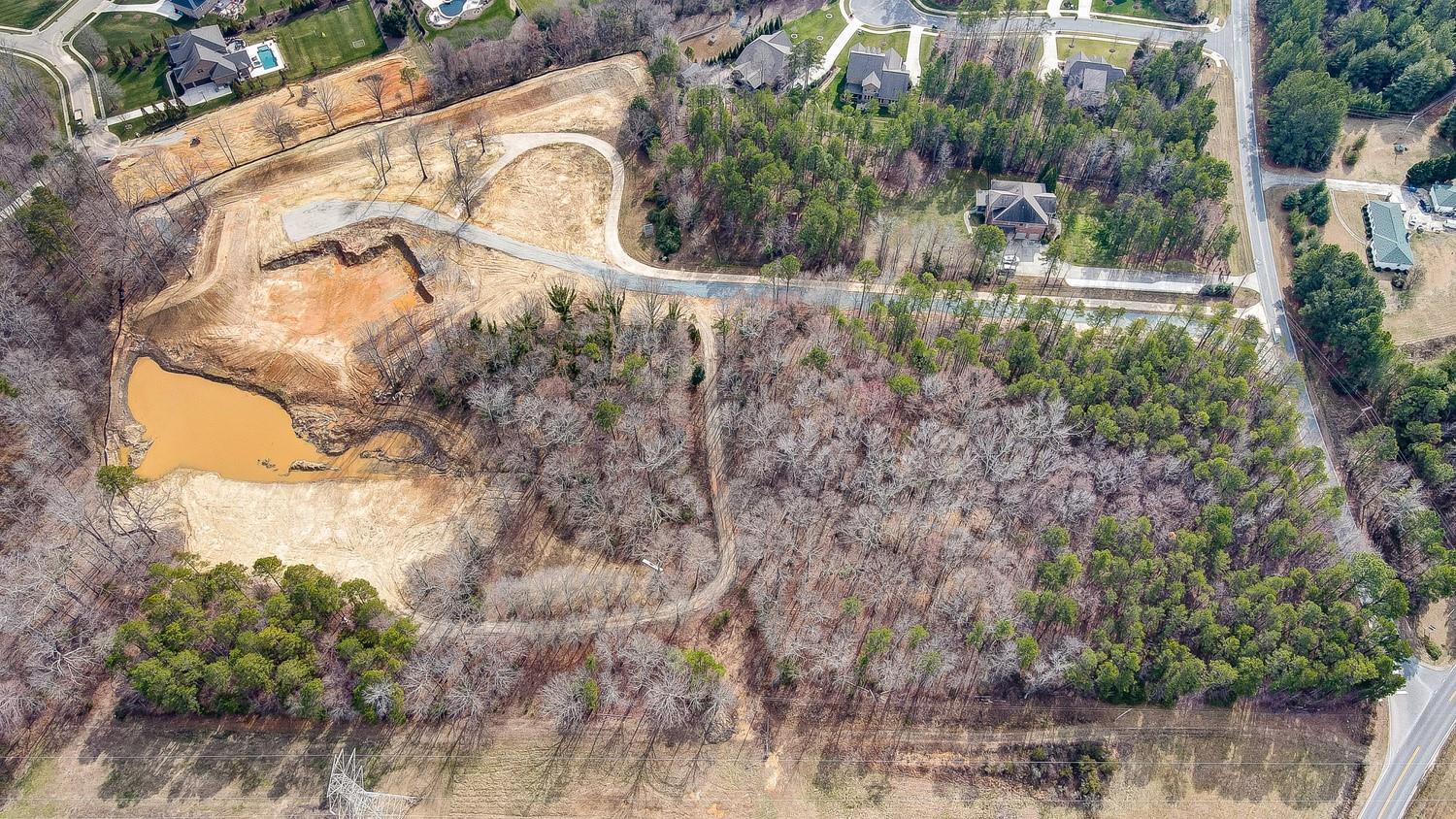 a aerial view of a house with a yard and large trees