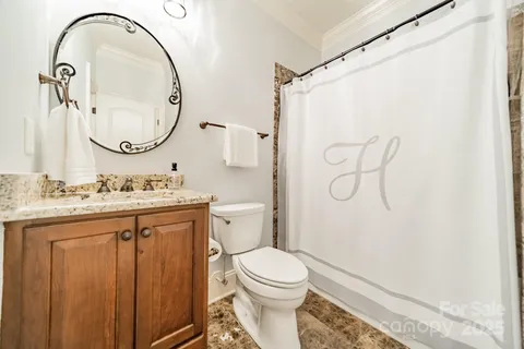 a bathroom with a granite countertop sink toilet and a mirror