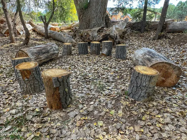 a view of a fireplace with a table and chairs