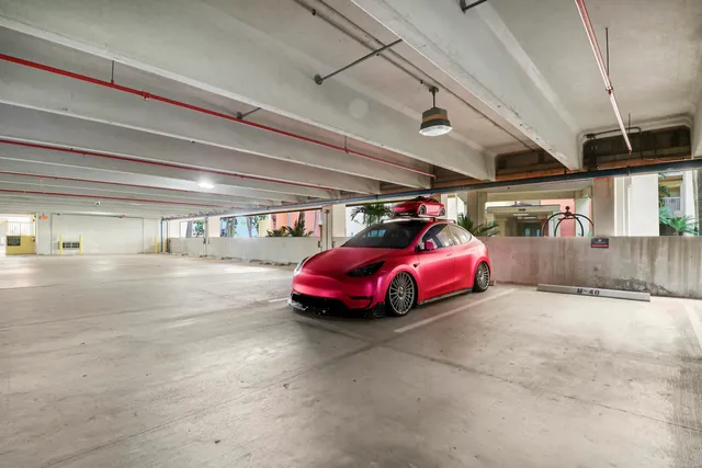 a car is parked in a parking garage