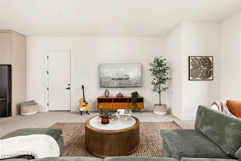 a living room with furniture and a potted plant