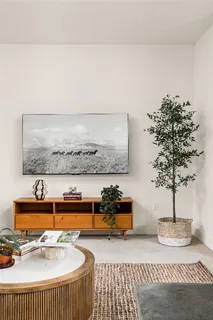 a living room with furniture and flower pot