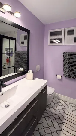 a bathroom with a sink a toilet and mirror