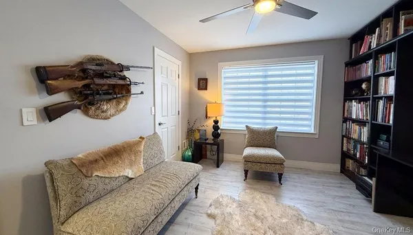 a living room with furniture and a book shelf