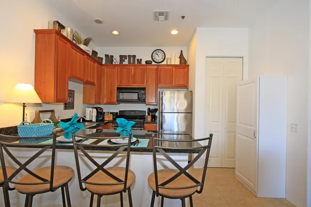 a view of a dining room with furniture