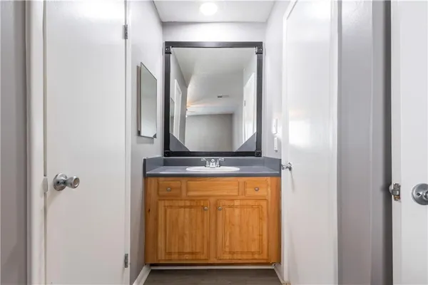 a bathroom with a mirror