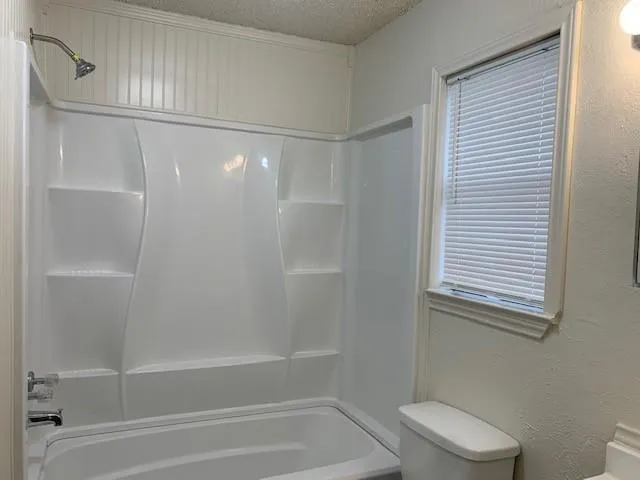 a bathroom with a shower and a toilet