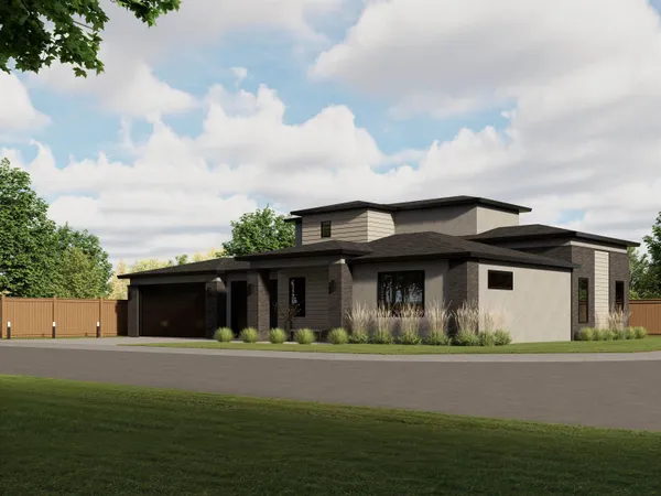 a front view of house with yard and garage
