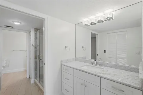 a bathroom with a granite countertop sink a shower and a mirror