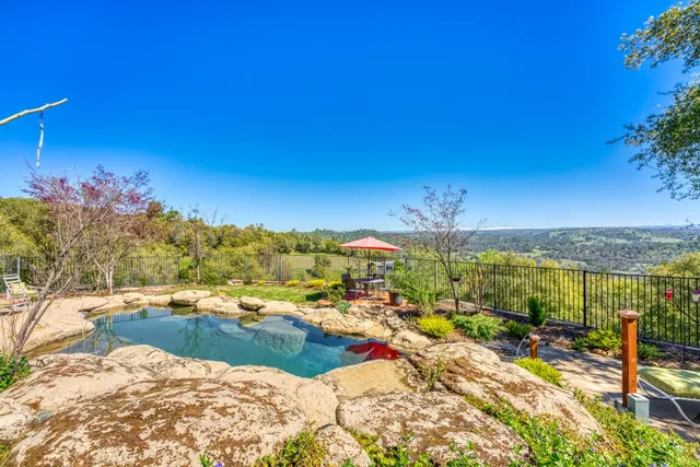 a view of a backyard with plants and patio