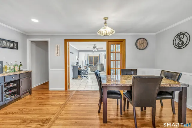 a view of a dining room with furniture