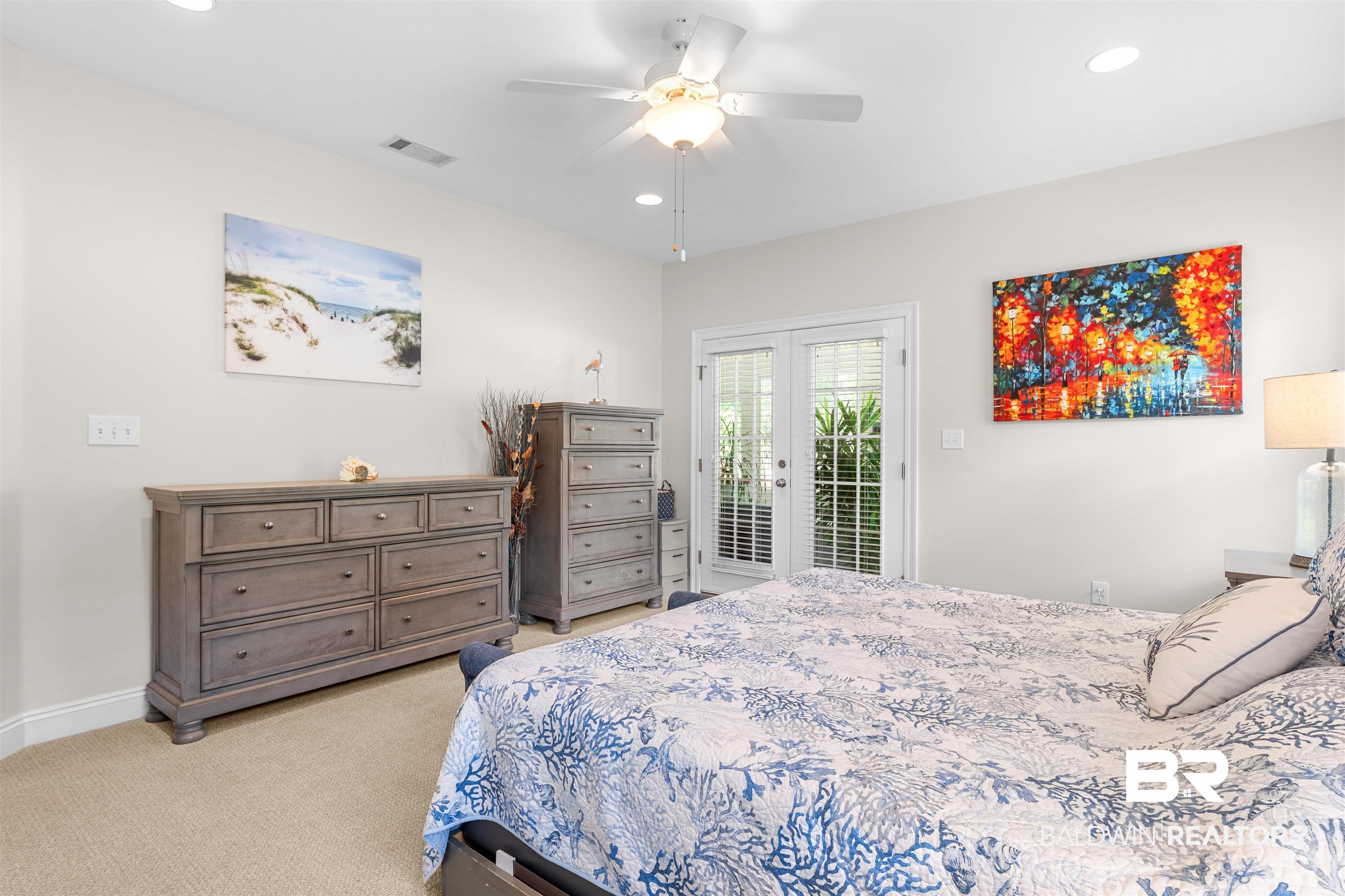 141 Mark Twain Loop Foley, AL 36535 - Photo 18 of 55 Bedroom featuring access to outside, french doors, recessed lighting, light carpet, and ceiling fan