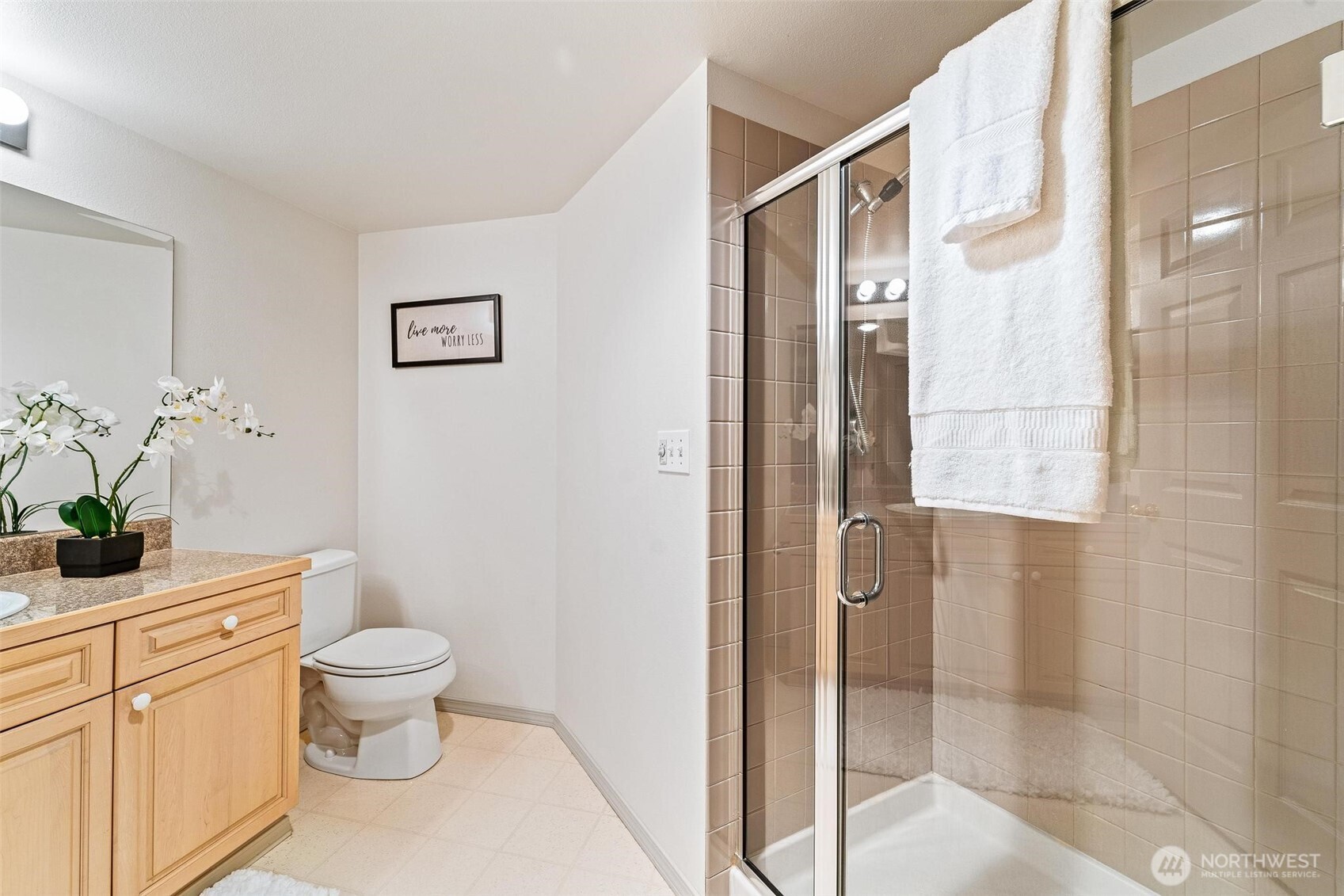 15020 Bothell Way Northeast, Unit 502 Lake Forest Park, WA 98155 - Photo 18 of 30 a bathroom with a granite countertop sink a toilet and a shower