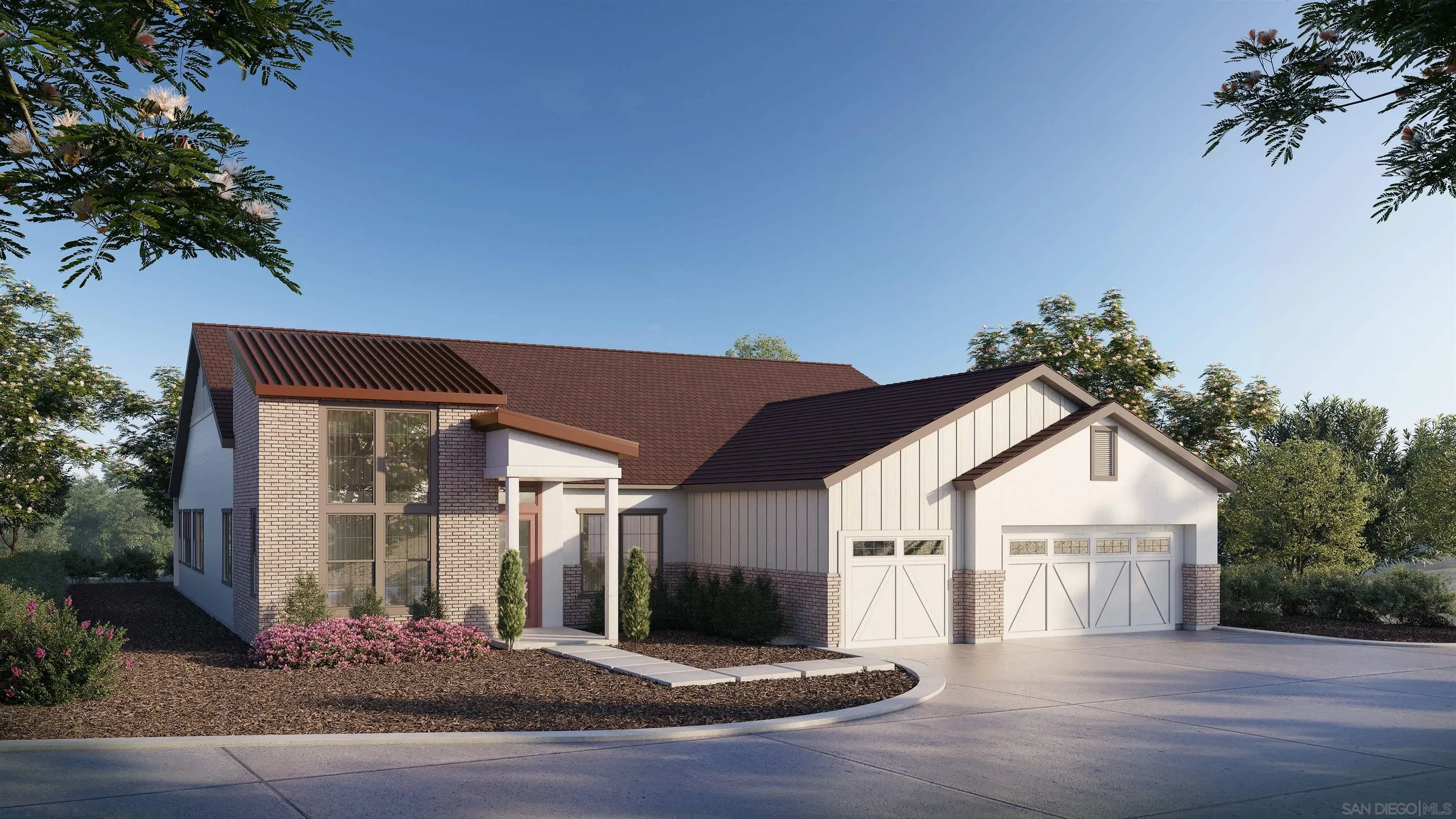 a view of a house with a small yard and potted plants