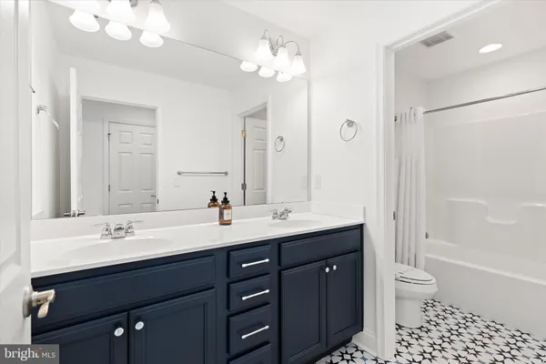 a bathroom with a double vanity sink mirror and toilet
