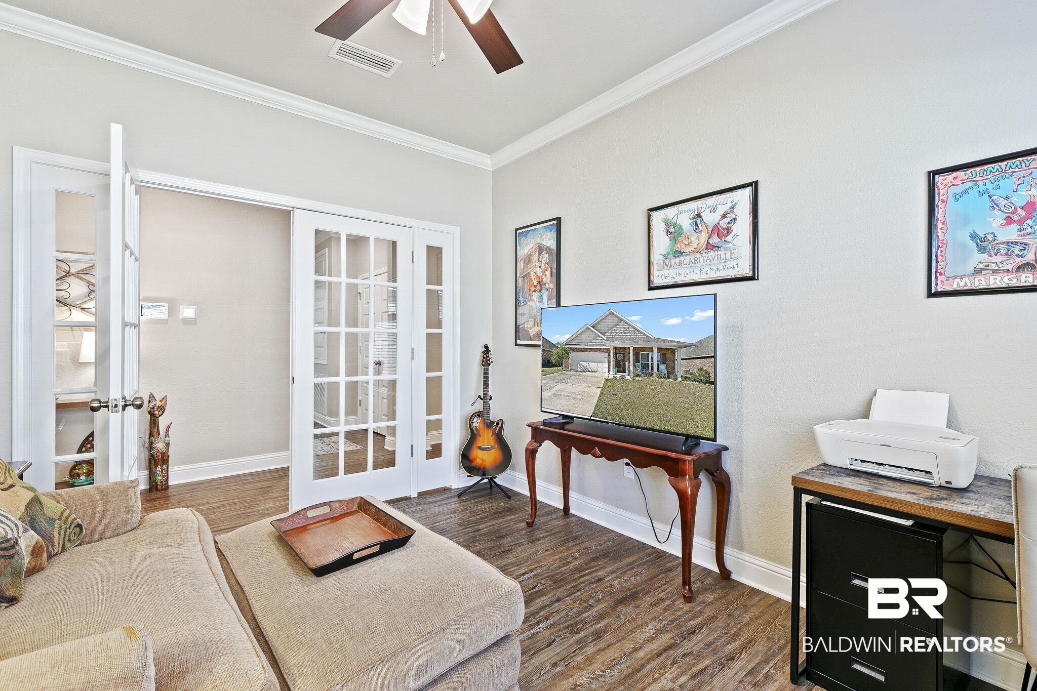 1319 Kairos Loop Foley, AL 36535 - Photo 35 of 64 Interior space with ceiling fan, dark hardwood / wood-style flooring, crown molding, and french doors