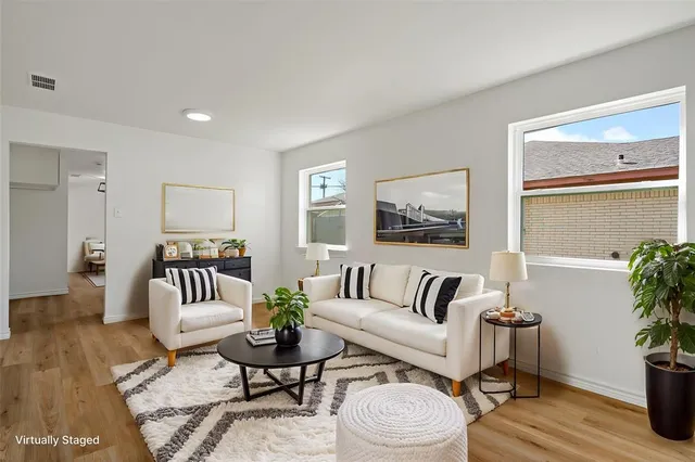 a living room with furniture and a potted plant
