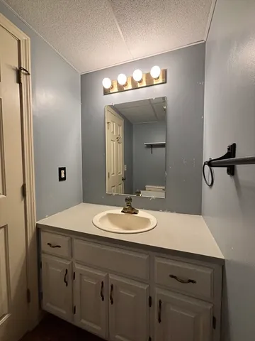a bathroom with a sink a mirror and a vanity
