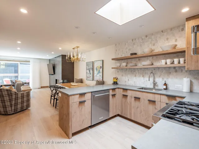 a kitchen with stainless steel appliances a sink a stove a refrigerator cabinets and living room view