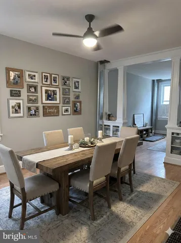 a view of a dining room with furniture