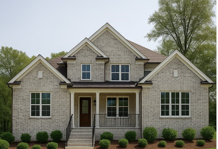 a view of a brick house with large windows and a yard