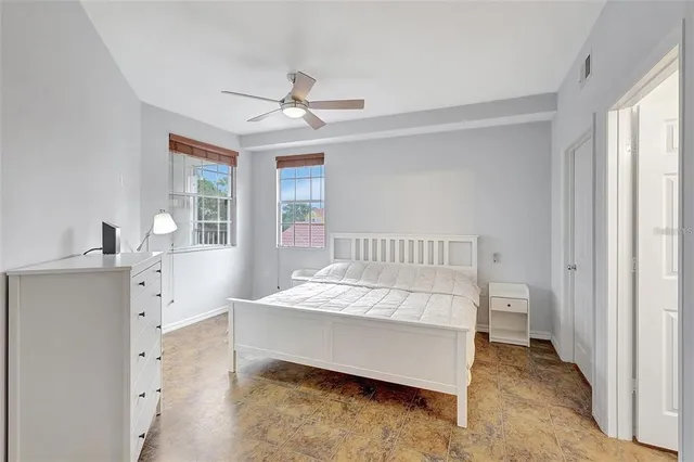 a spacious bedroom with a bed and a window