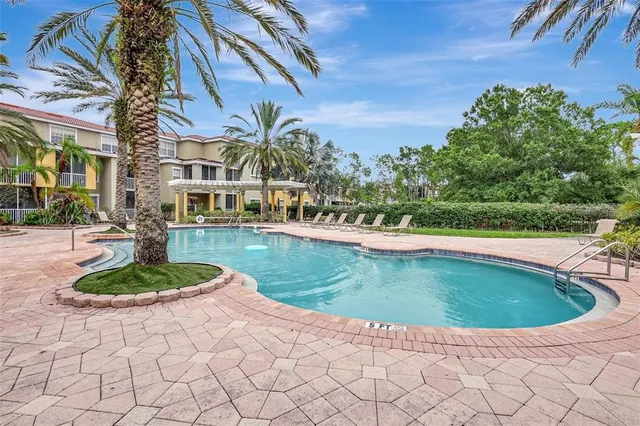 a view of a swimming pool with a garden