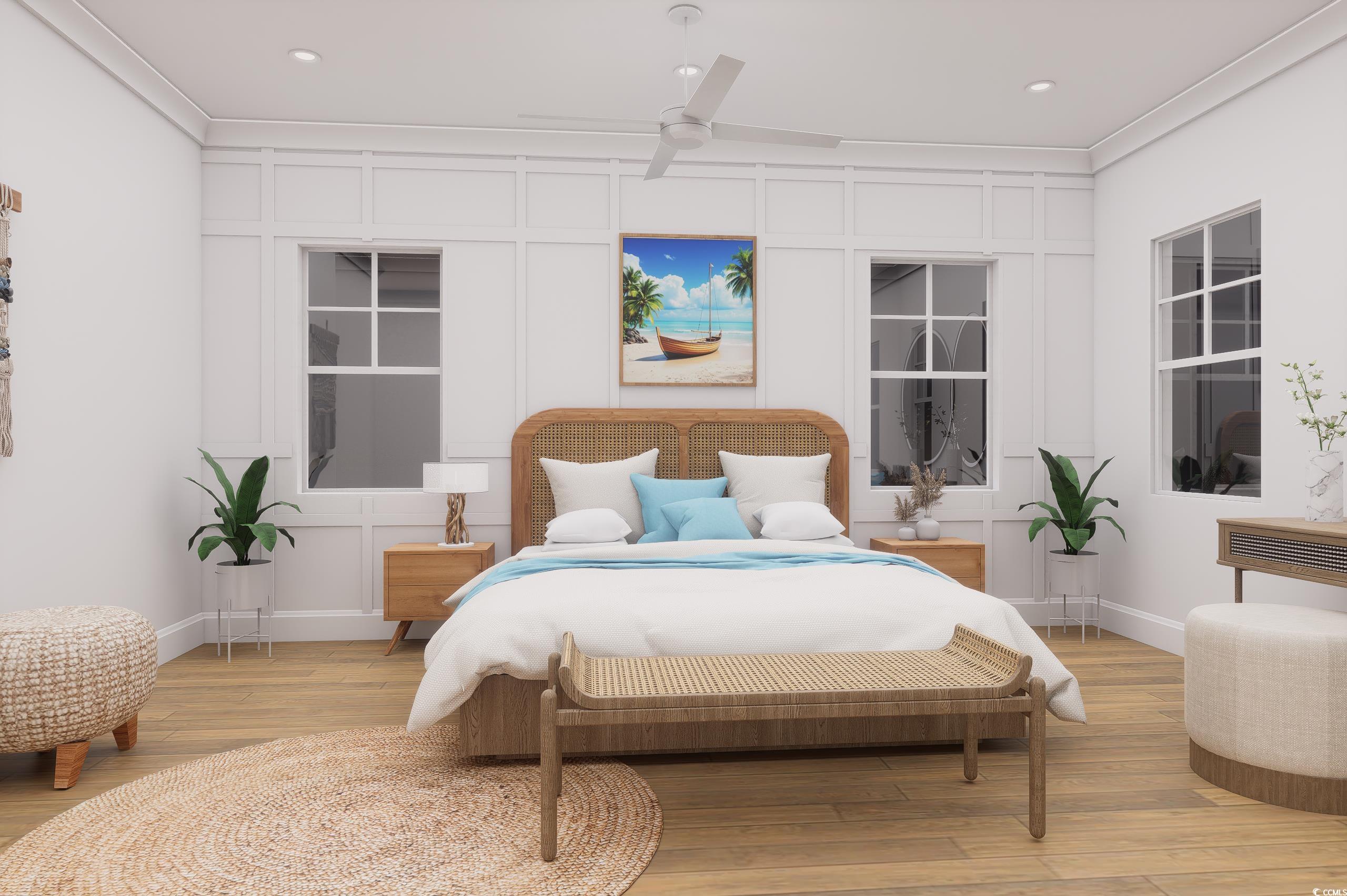 310 King Street Georgetown, SC 29440 - Photo 9 of 23 Bedroom featuring a decorative wall, wood finished floors, recessed lighting, ceiling fan, and crown molding