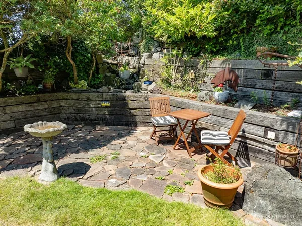 a view of a patio with table and chairs potted plants and a palm tree