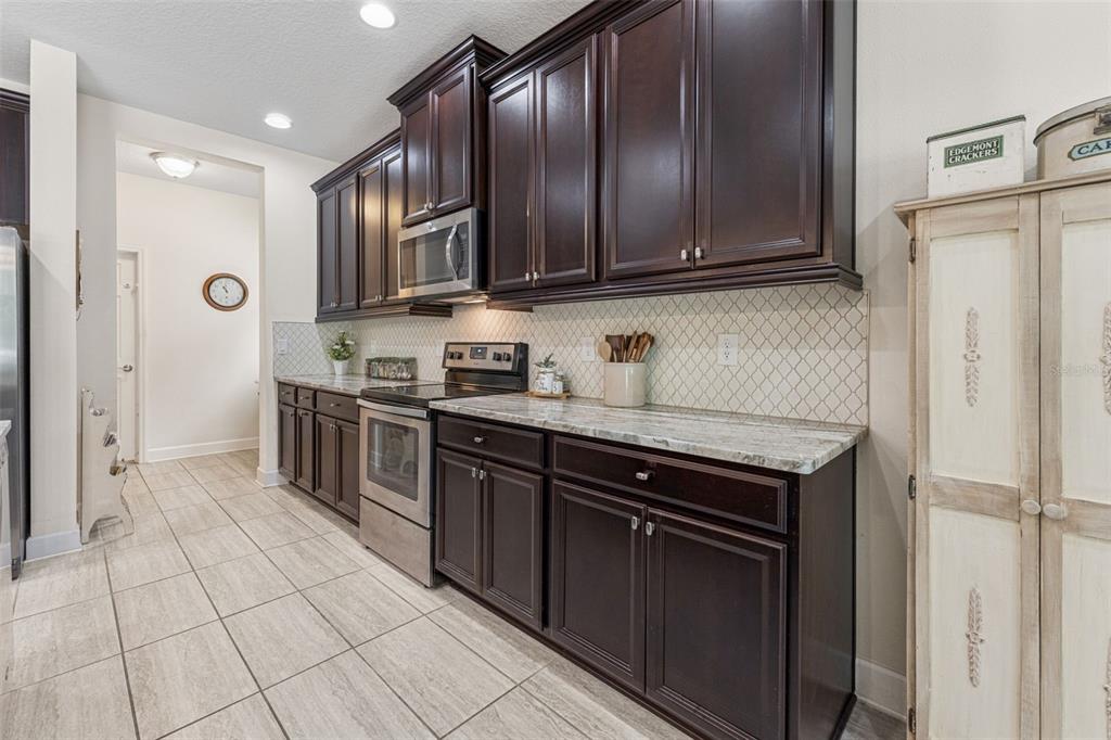 1237 Windy Bay Shoal Tarpon Springs, FL 34689 - Photo 17 of 44 a kitchen with stainless steel appliances granite countertop a stove a sink and a refrigerator