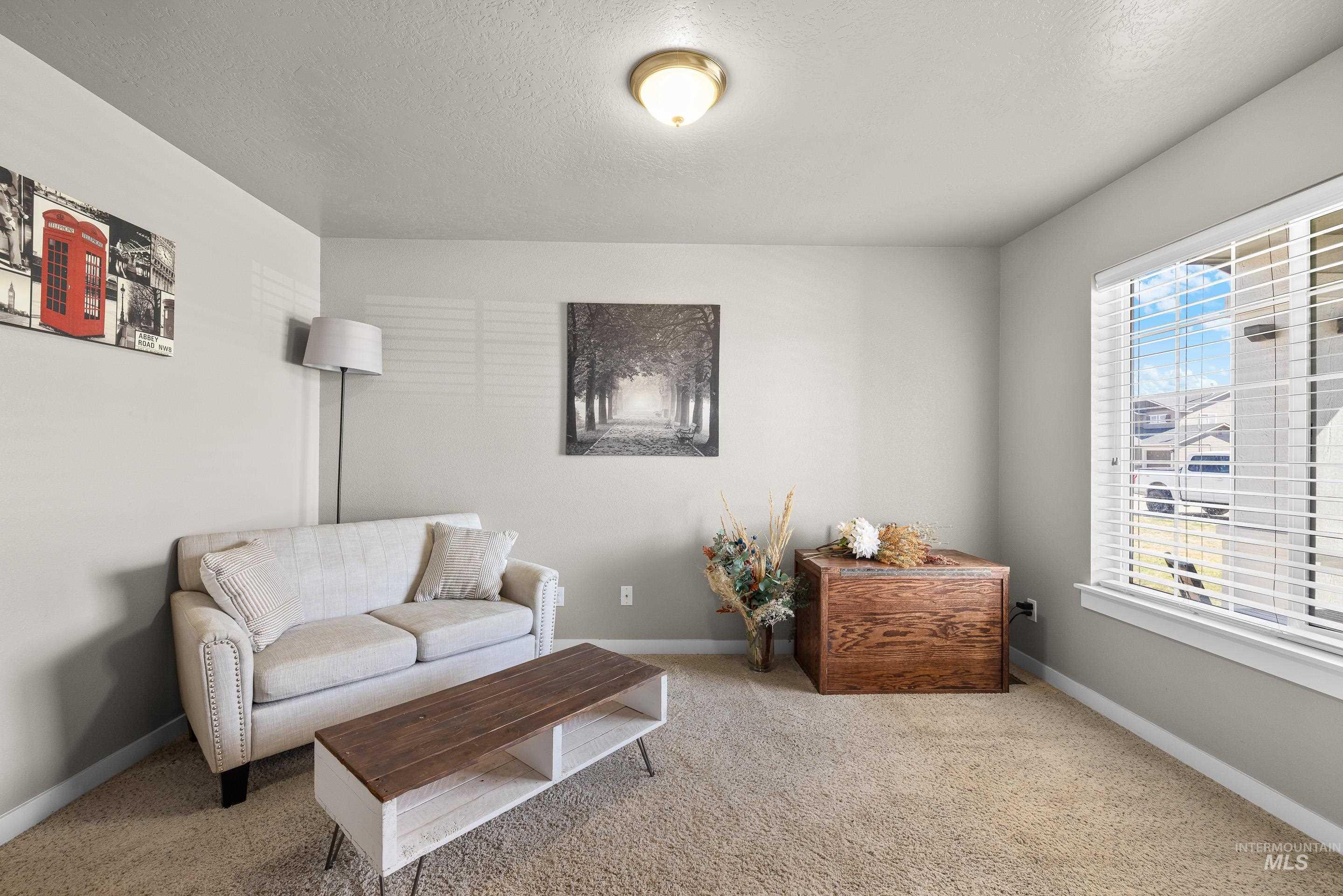 700 Southwest Panner Street Mountain Home, ID 83647 - Photo 26 of 50 Living room featuring a textured ceiling and carpet