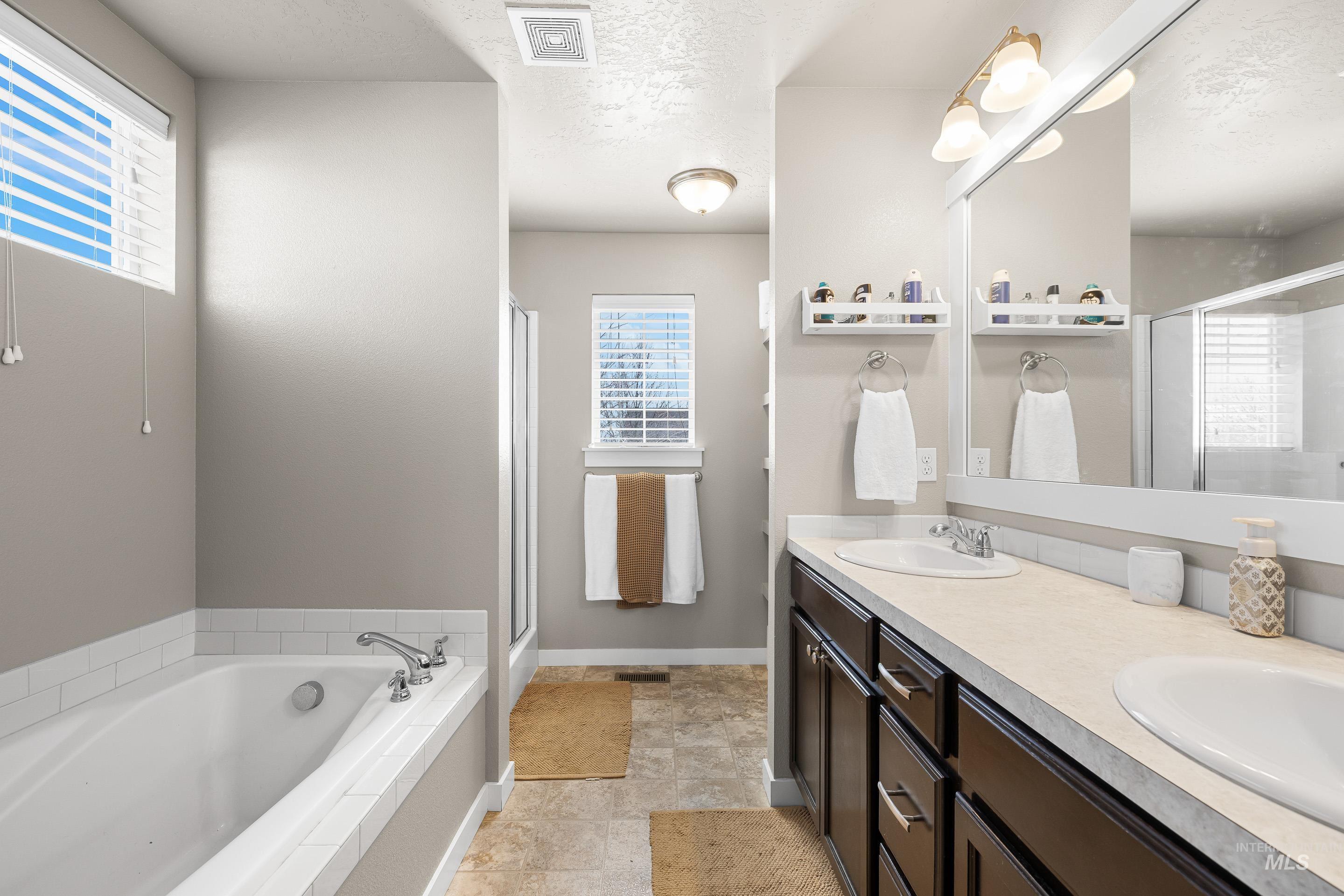 700 Southwest Panner Street Mountain Home, ID 83647 - Photo 31 of 50 Bathroom featuring double vanity, plenty of natural light, a textured ceiling, a garden tub, and a shower stall