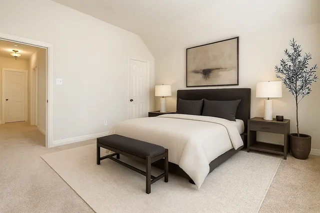 a bedroom with a bed and a painting on the wall