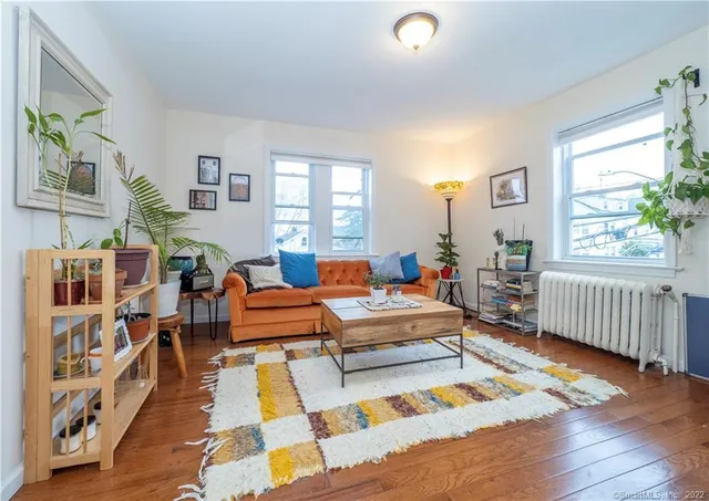 a living room with furniture and a rug