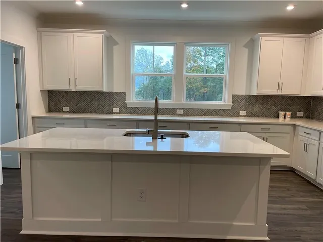 a kitchen with a sink a window and cabinets