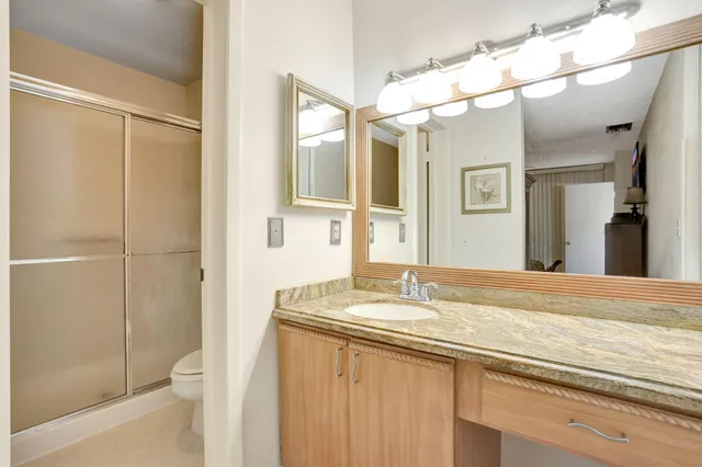a bathroom with a granite countertop sink mirror and a shower