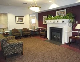a living room with furniture a fireplace and potted plants