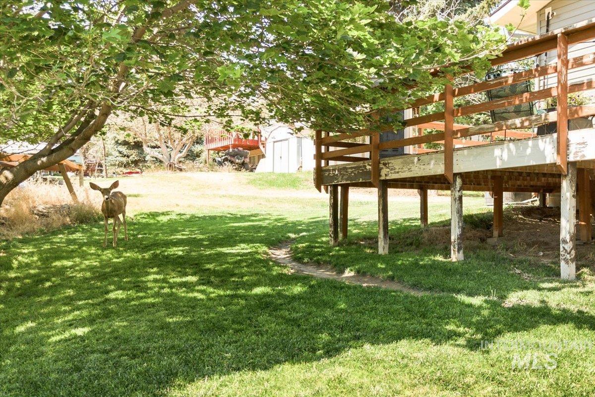 1401 Chokecherry Drive Pocatello, ID 83204 - Photo 46 of 46 Spacious backyard with mature shade trees, a manicured lawn, and an elevated wood deck with railing