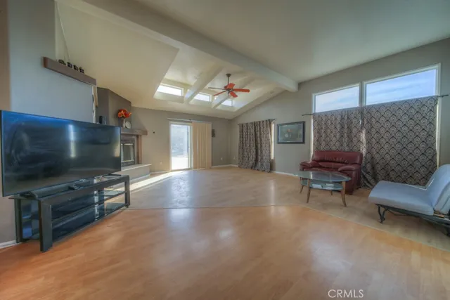 a lobby with furniture and a large window