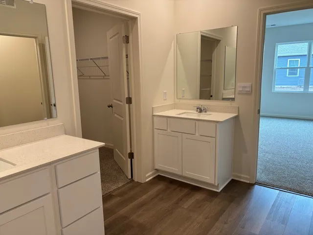 a bathroom with a sink vanity and a mirror