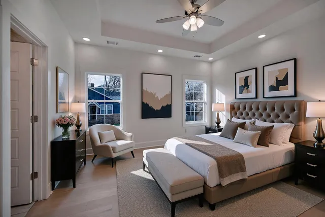 a bedroom with bed and a chandelier