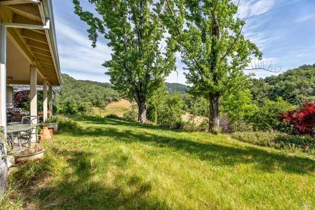 a view of a house with backyard and a patio