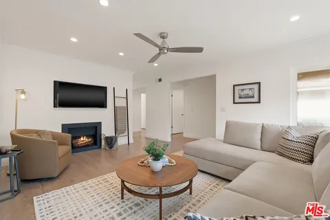 a living room with furniture potted plant and a fireplace