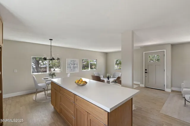 a view of a dining room and furniture