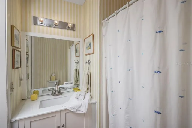 a bathroom with a sink vanity and a mirror