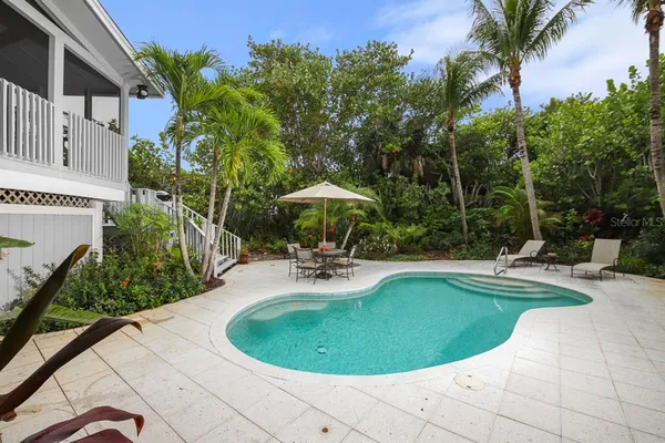 a view of a swimming pool and lounge chair