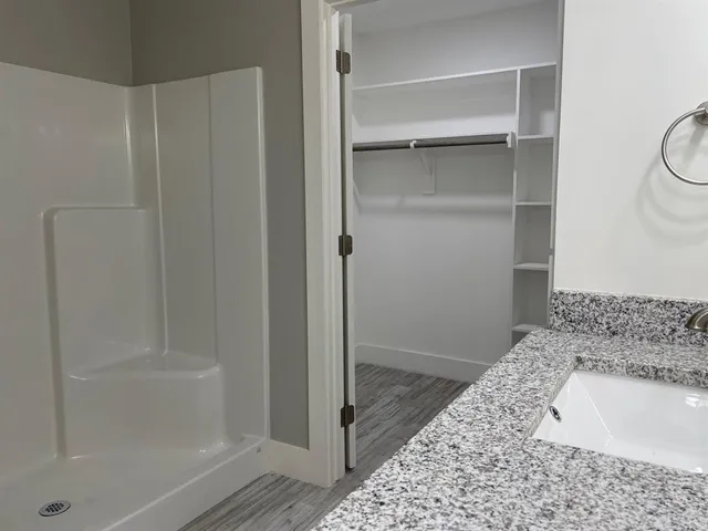 a bathroom with a shower and a sink