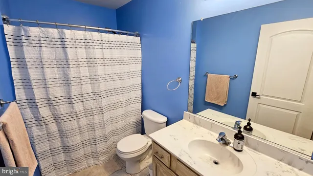 a bathroom with a sink a toilet and shower curtain