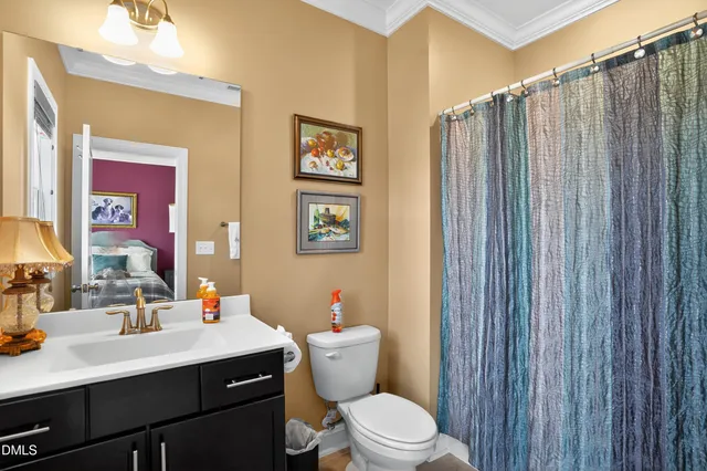 a bathroom with a sink vanity mirror and toilet